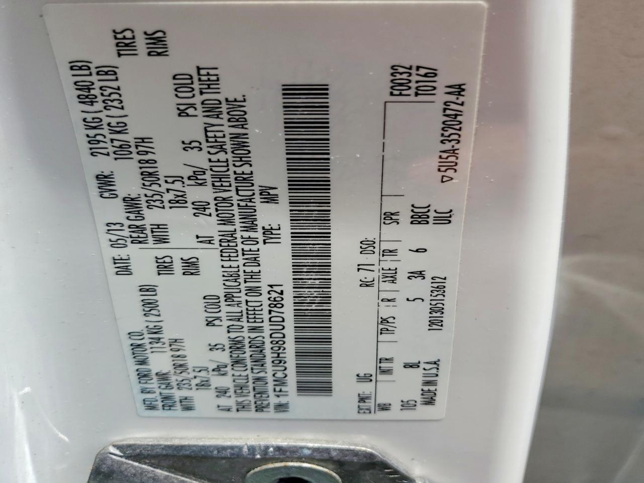 2013 Ford Escape Sel White vin: 1FMCU9H98DUD78621