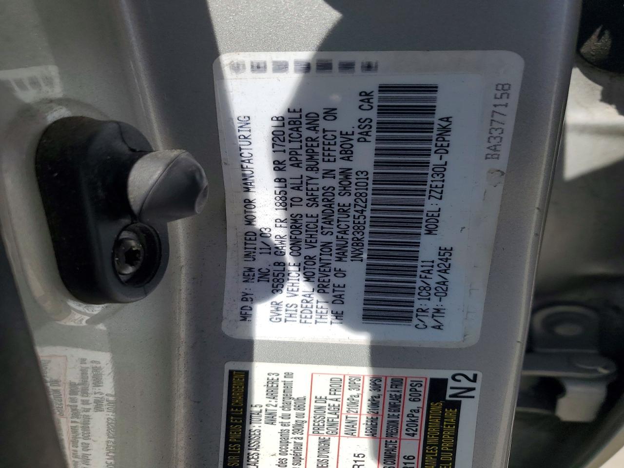 2004 Toyota Corolla Le Silver vin: 1NXBR38E54Z281013