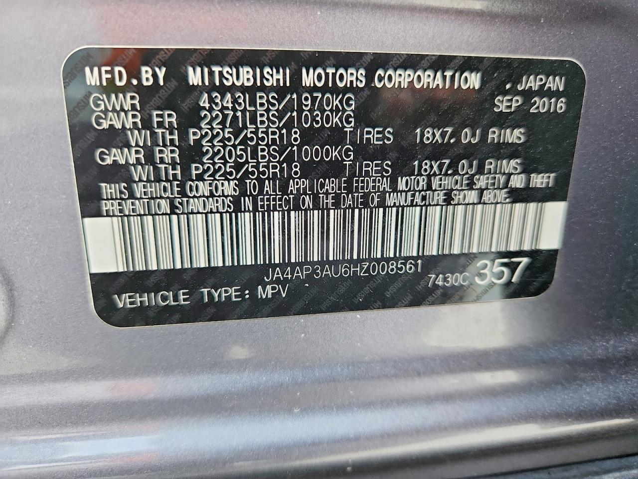 2017 Mitsubishi Outlander Sport Es Silver vin: JA4AP3AU6HZ008561