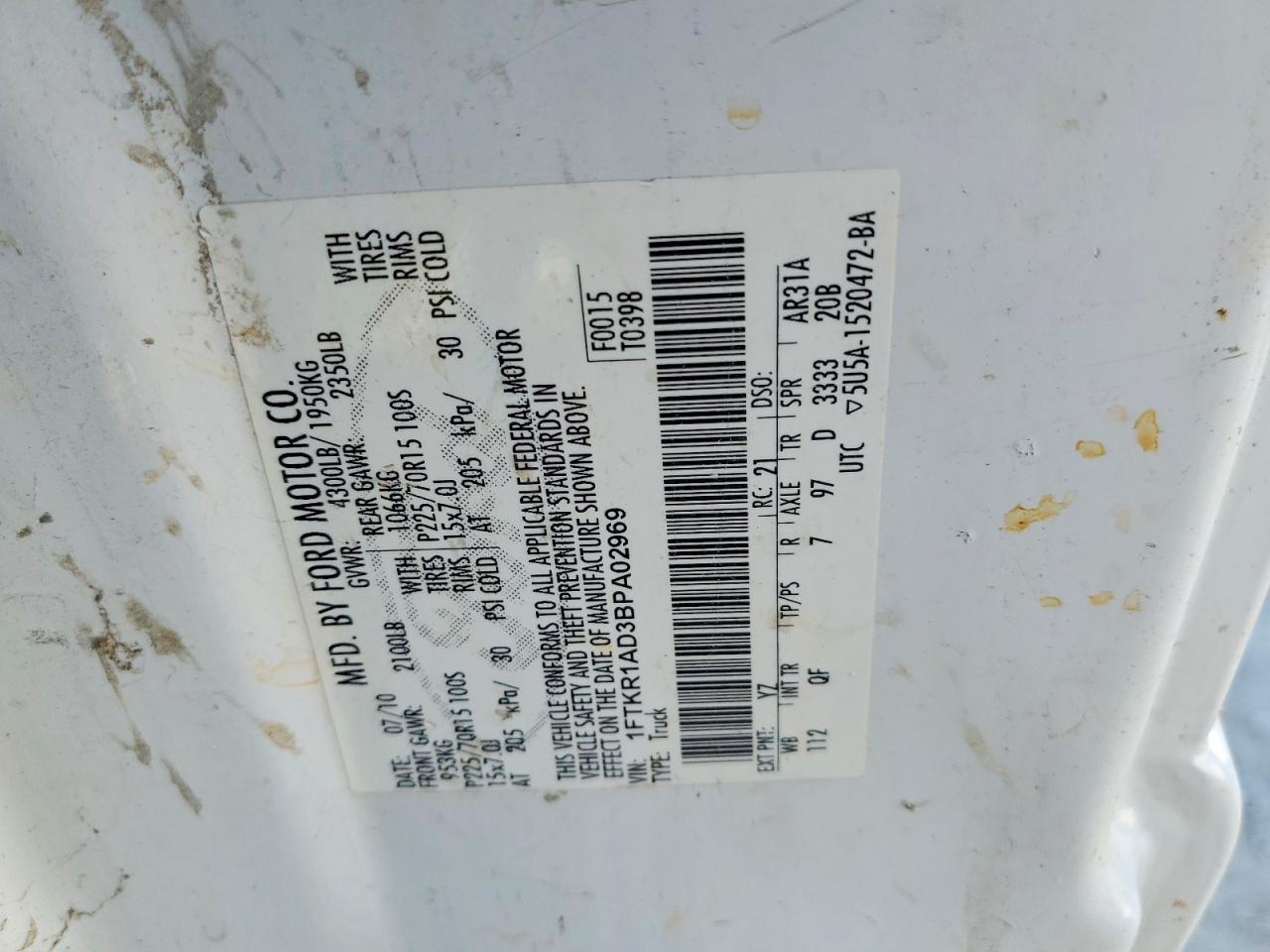 2011 Ford Ranger White vin: 1FTKR1AD3BPA02969