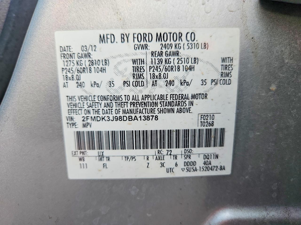 2013 Ford Edge Sel Silver vin: 2FMDK3J98DBA13878