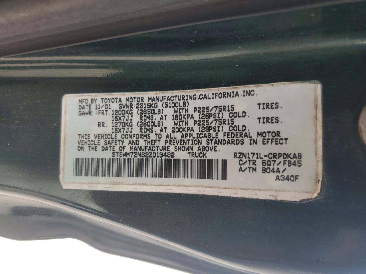 2002 Toyota Tacoma Base Green vin: 5TEWM72N82Z019432