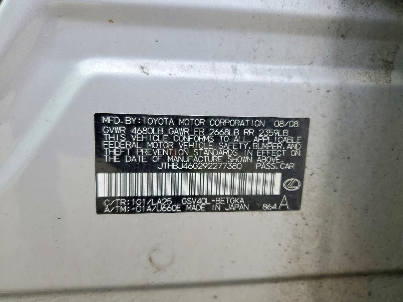 2009 Lexus Es 350 Silver vin: JTHBJ46G292277380