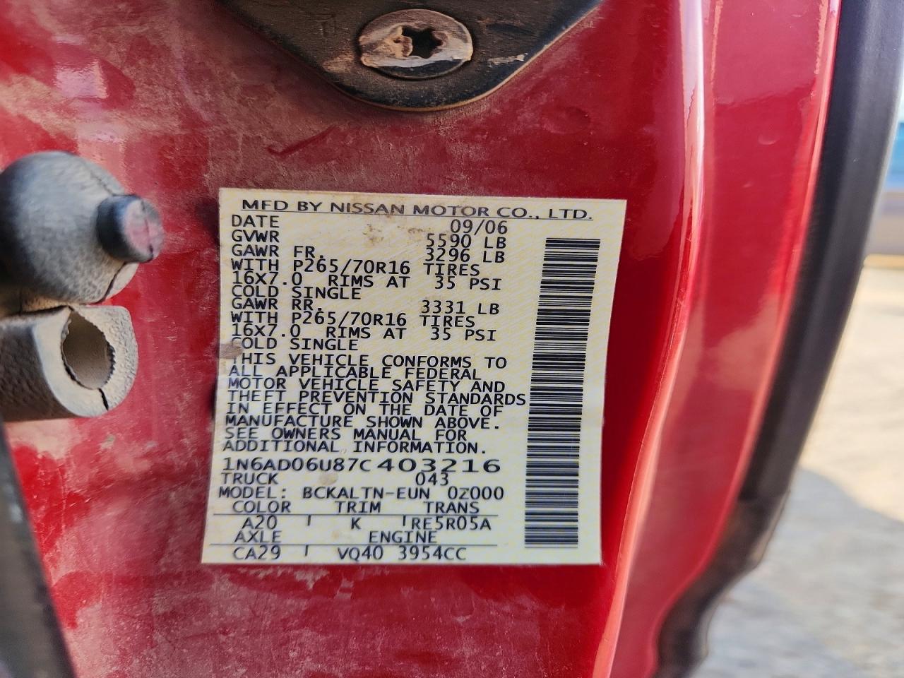 2007 Nissan Frontier Se Red vin: 1N6AD06U87C403216