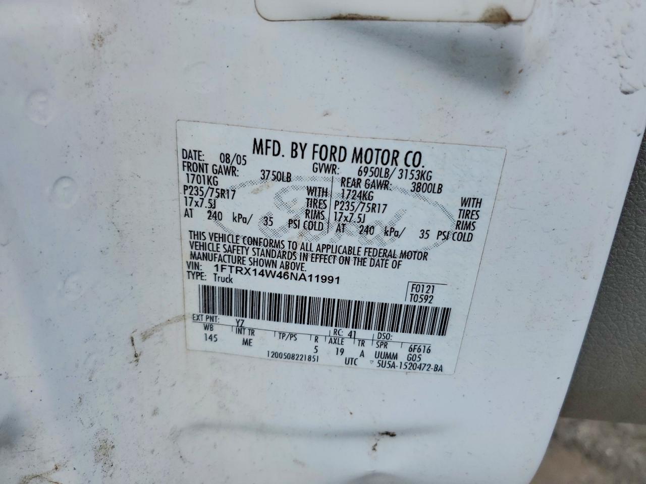 2006 Ford F150 White vin: 1FTRX14W46NA11991