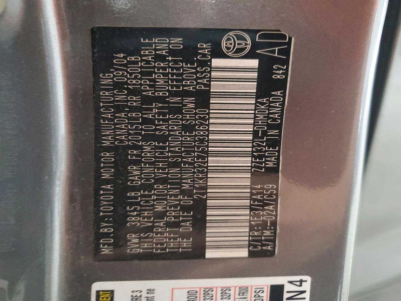 2005 Toyota Matrix Base Charcoal vin: 2T1KR32E75C386230