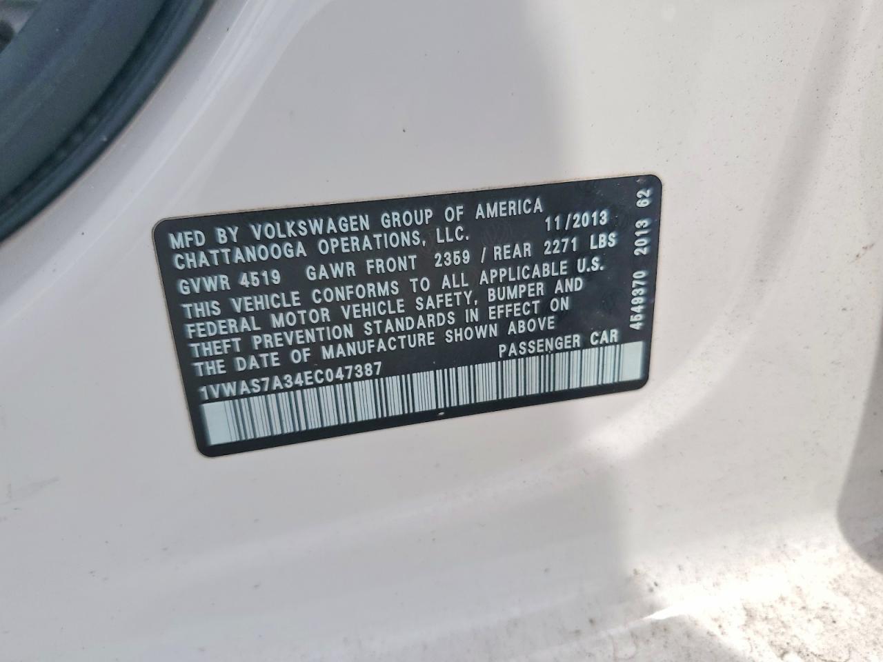 2014 Volkswagen Passat S White vin: 1VWAS7A34EC047387