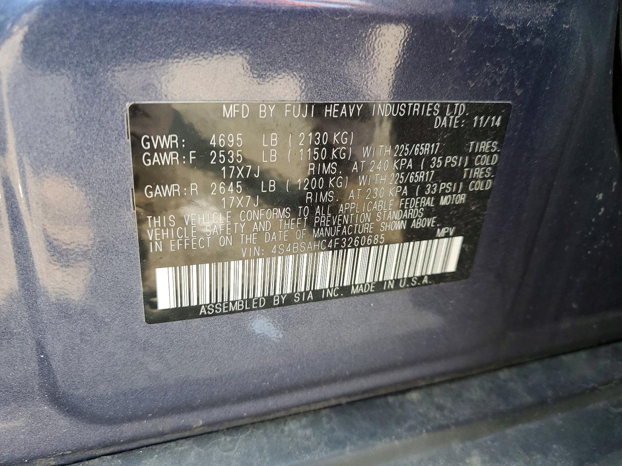 2015 Subaru Outback 2.5i Premium Blue vin: 4S4BSAHC4F3260685