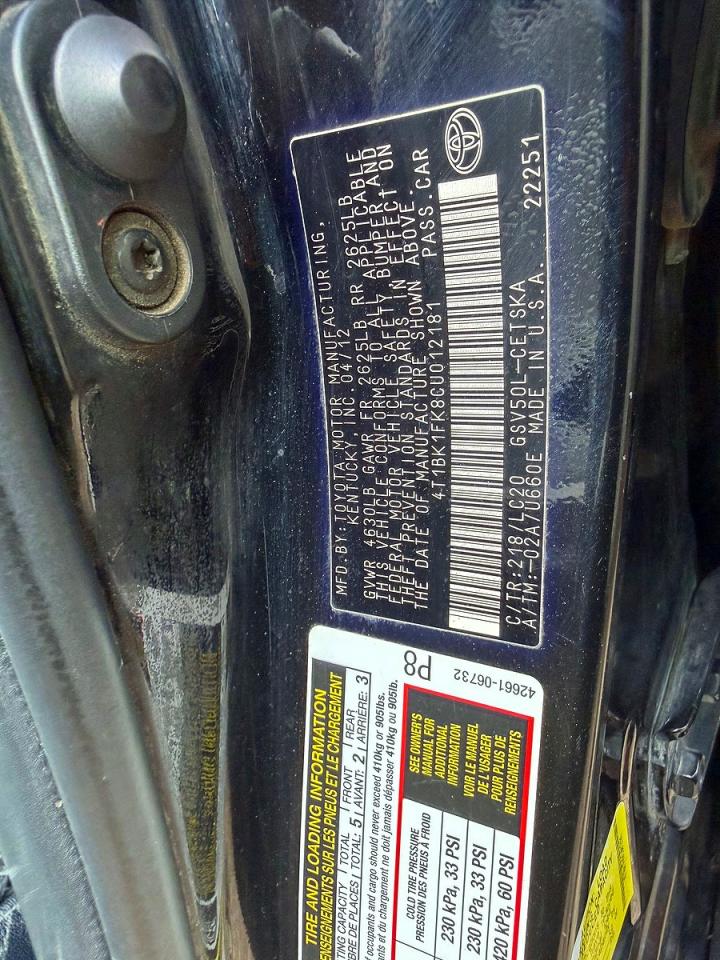 2012 Toyota Camry Se V6 Black vin: 4T1BK1FK8CU012181