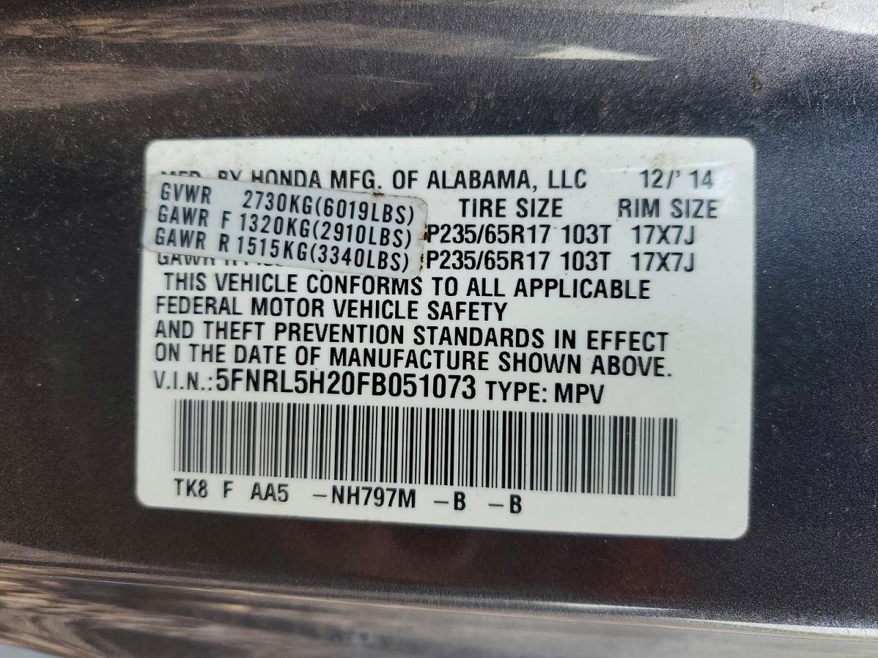 2015 Honda Odyssey Lx Серый vin: 5FNRL5H20FB051073