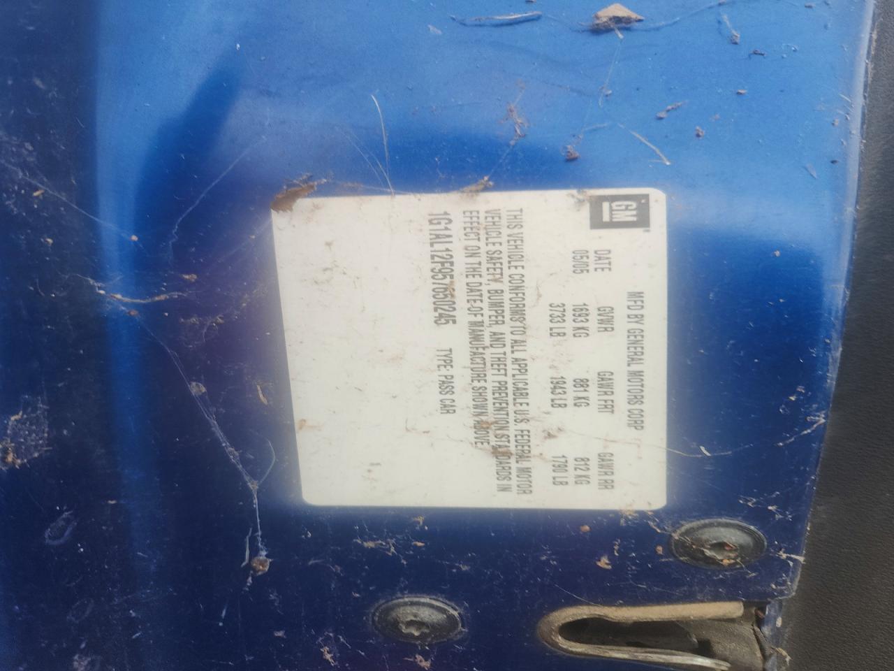 2005 Chevrolet Cobalt Ls Blue vin: 1G1AL12F957650245