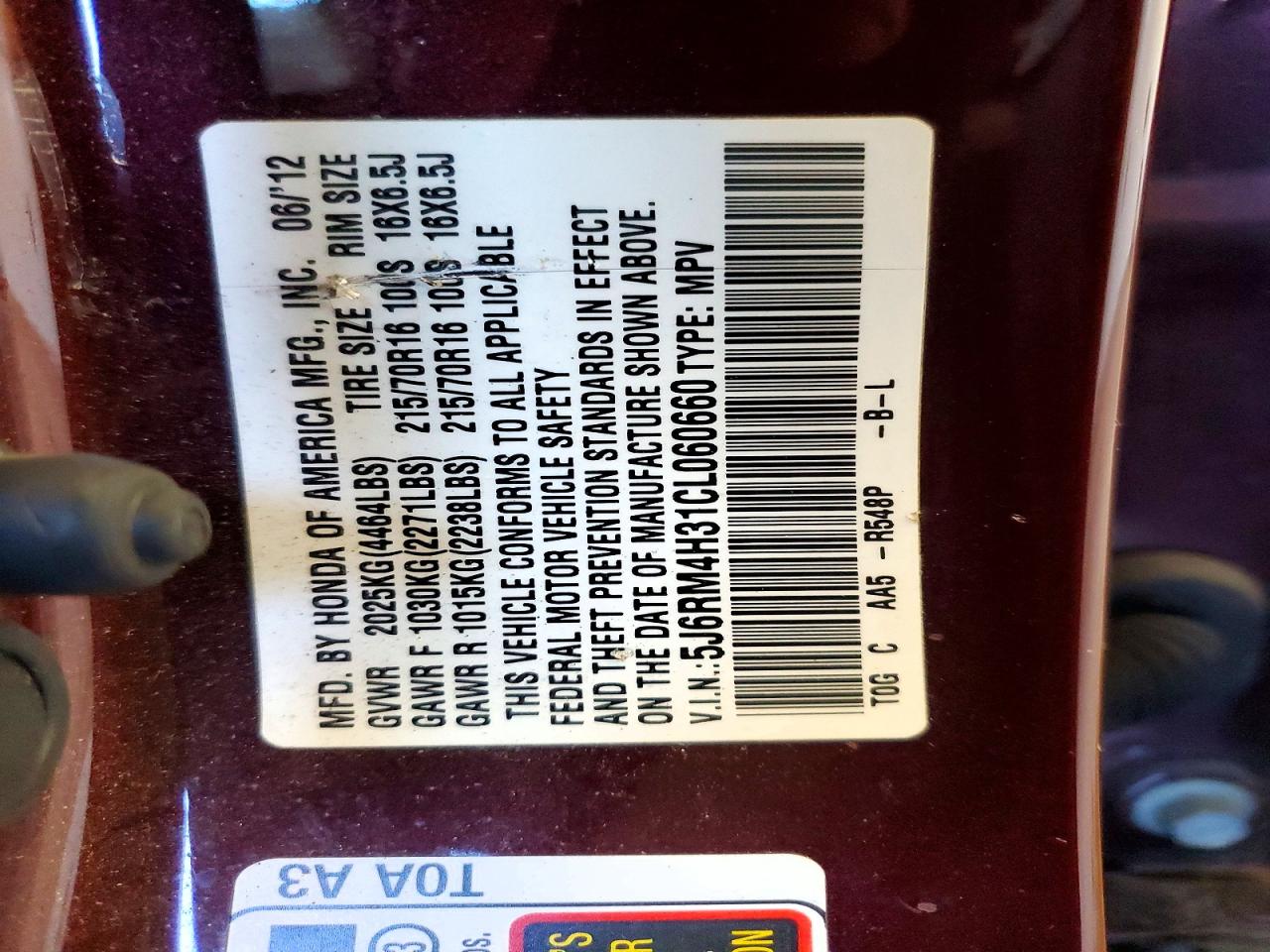 2012 Honda Cr-v Lx Maroon vin: 5J6RM4H31CL060660