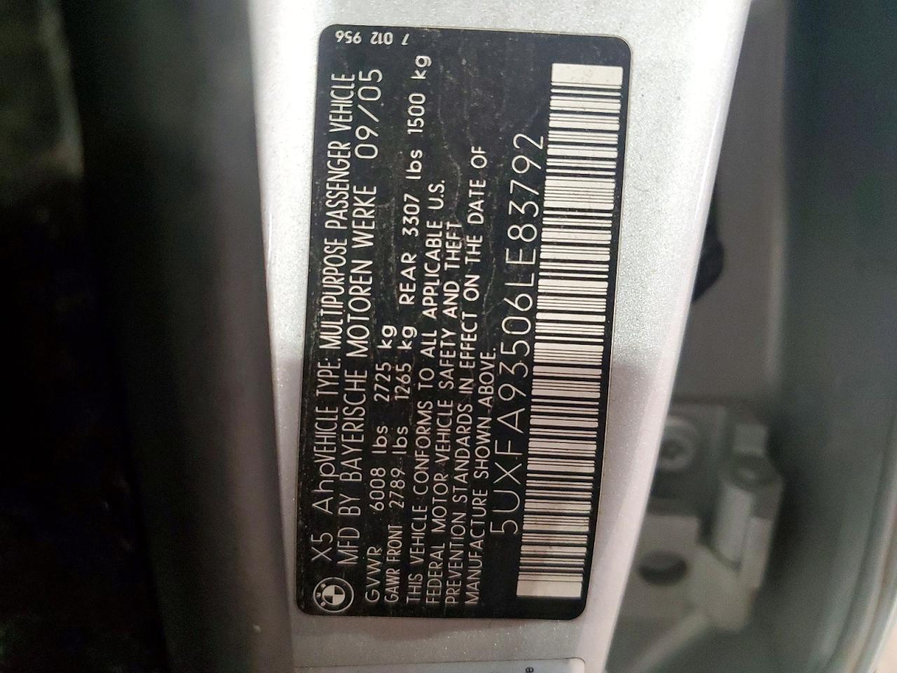 2006 Bmw X5 4.8is Silver vin: 5UXFA93506LE83792