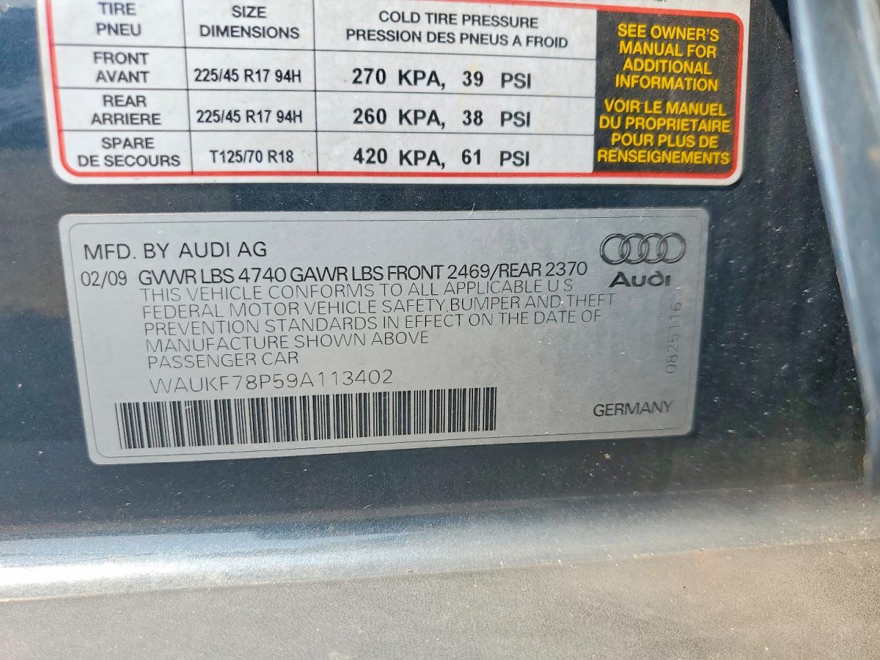 2009 Audi A3 2.0t Quattro Gray vin: WAUKF78P59A113402