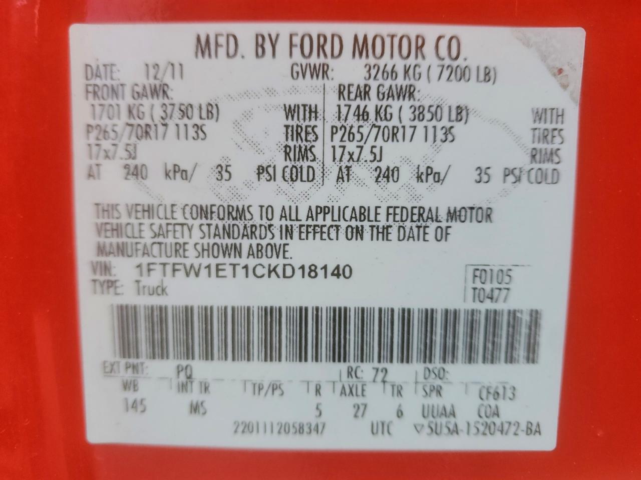2012 Ford F150 Supercrew Red vin: 1FTFW1ET1CKD18140