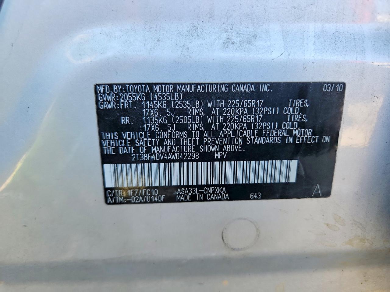 2010 Toyota Rav4 Base Серебряный vin: 2T3BF4DV4AW042298