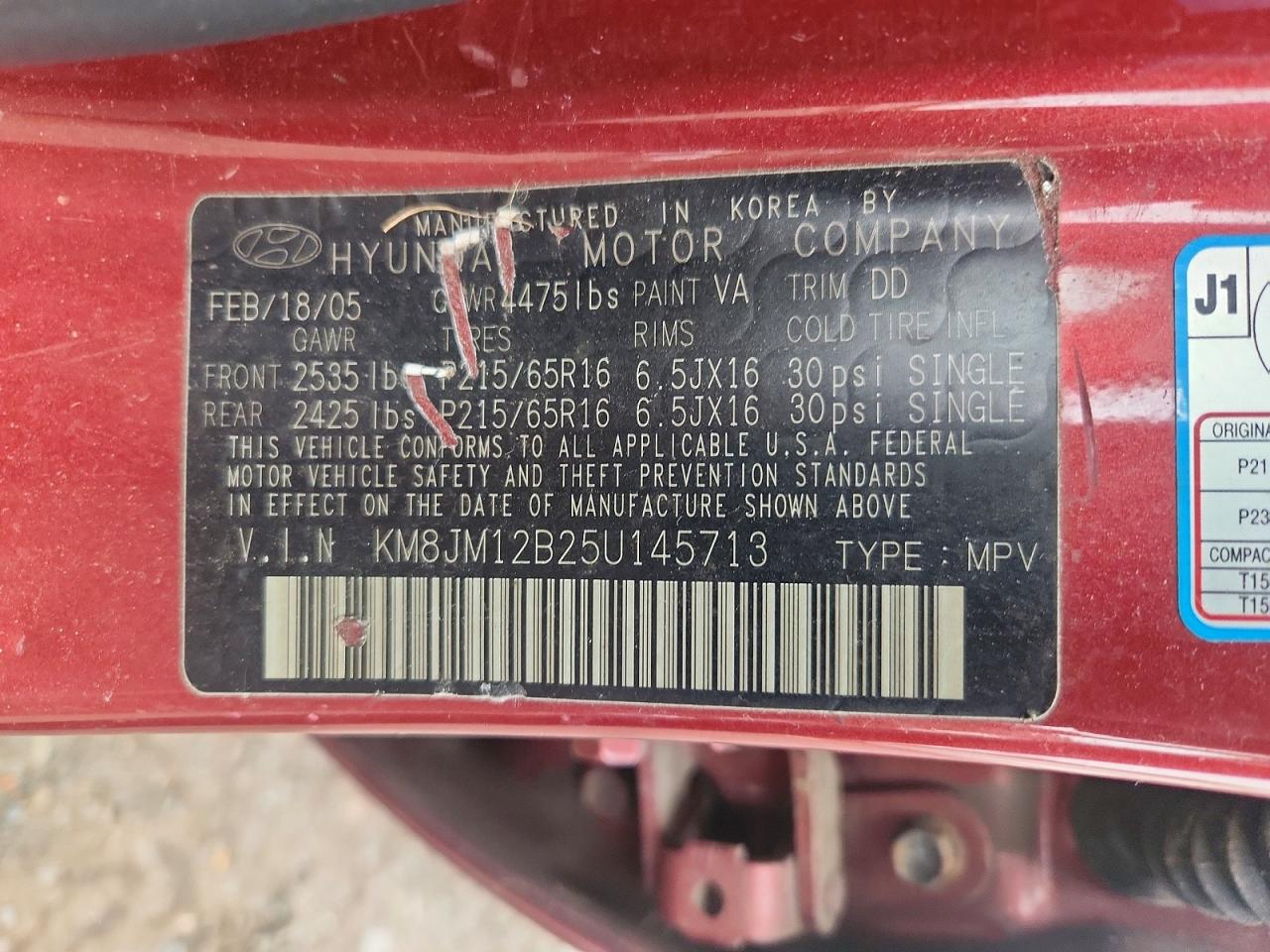 2005 Hyundai Tucson Gl Burgundy vin: KM8JM12B25U145713