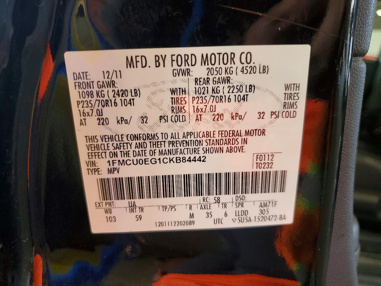 2012 Ford Escape Limited Black vin: 1FMCU0EG1CKB84442