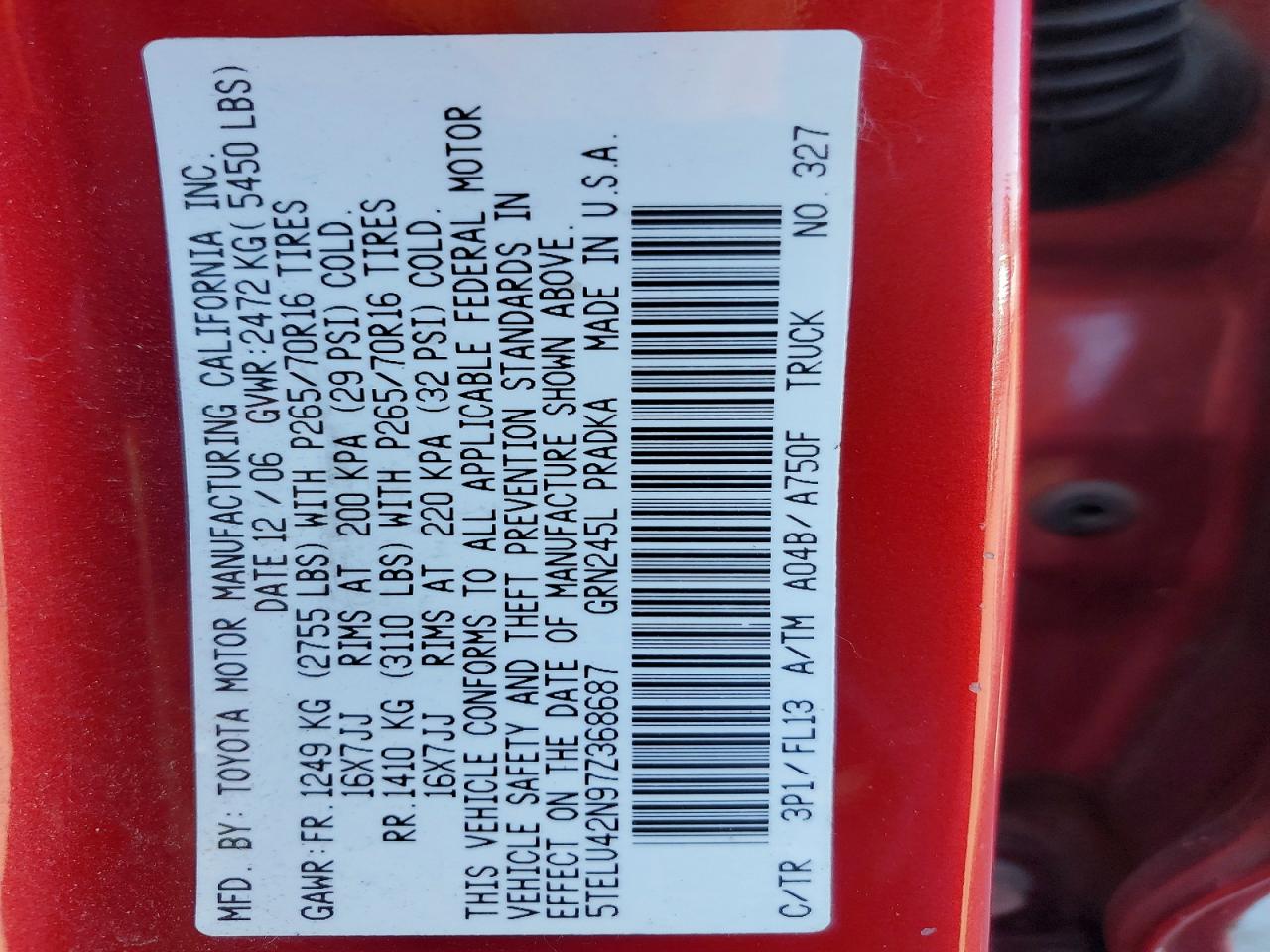 2007 Toyota Tacoma Double Cab Red vin: 5TELU42N97Z368687