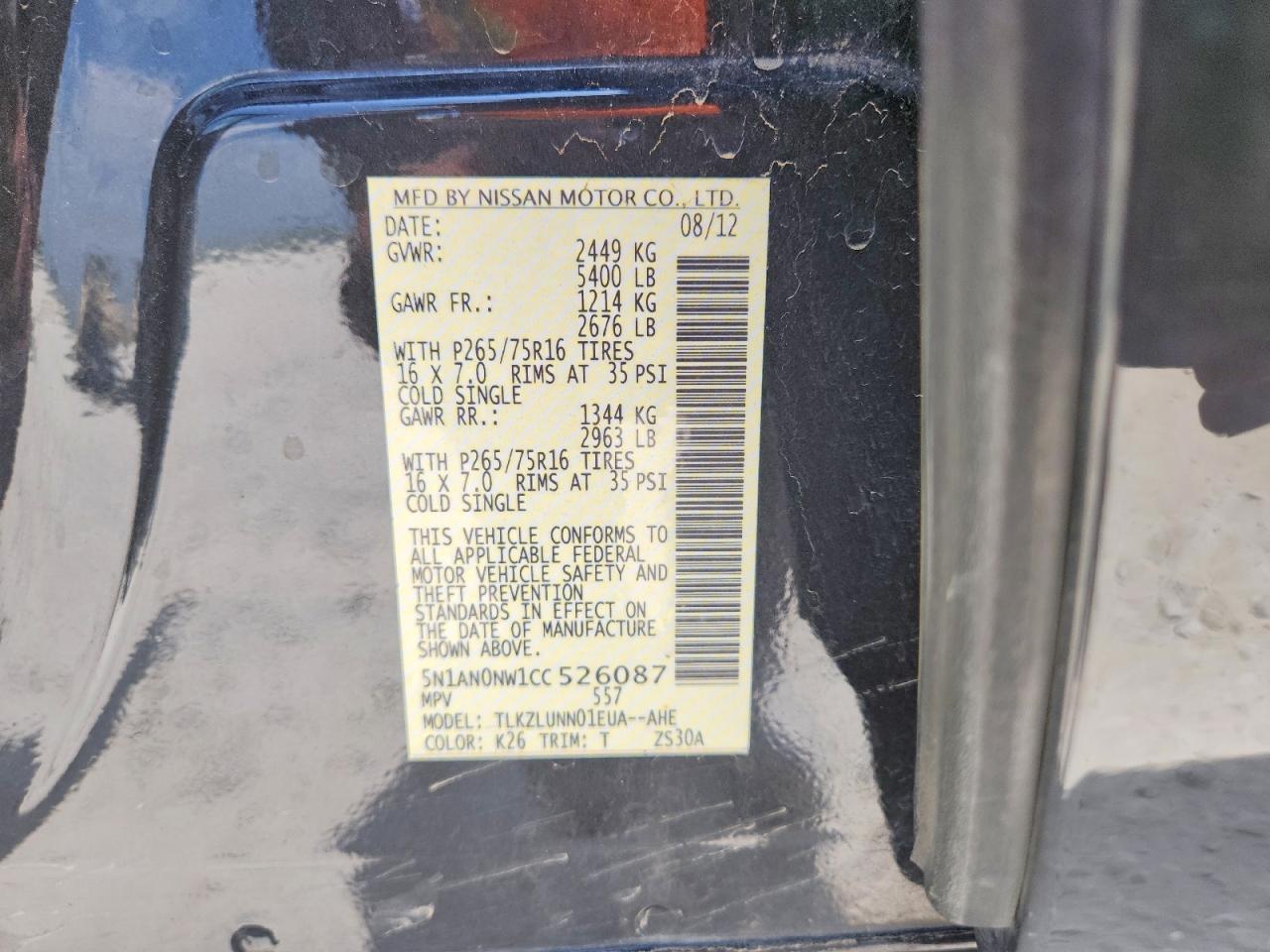 2012 Nissan Xterra X Charcoal vin: 5N1AN0NW1CC526087