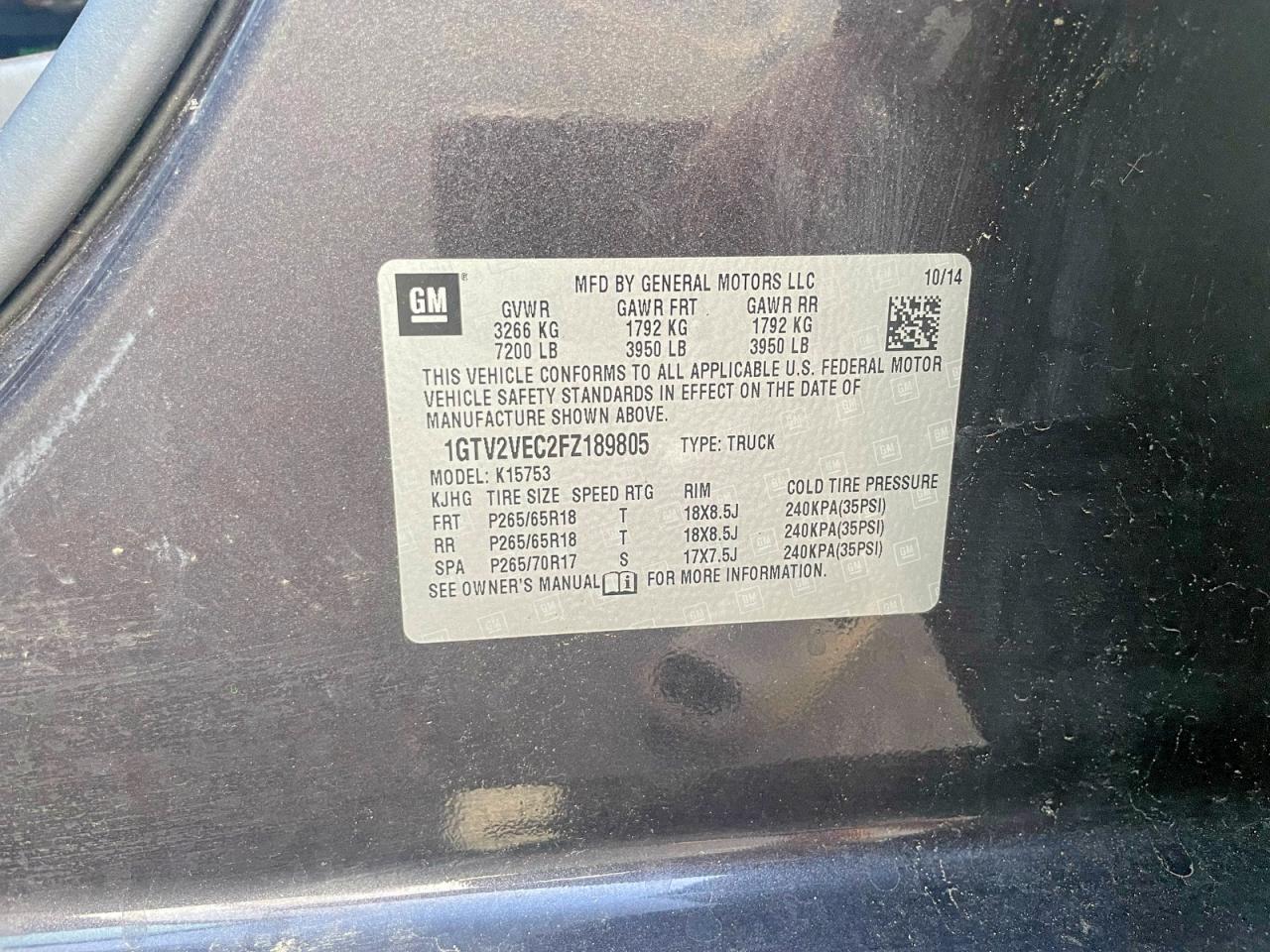 2015 Gmc Sierra K1500 Slt Gray vin: 1GTV2VEC2FZ189805