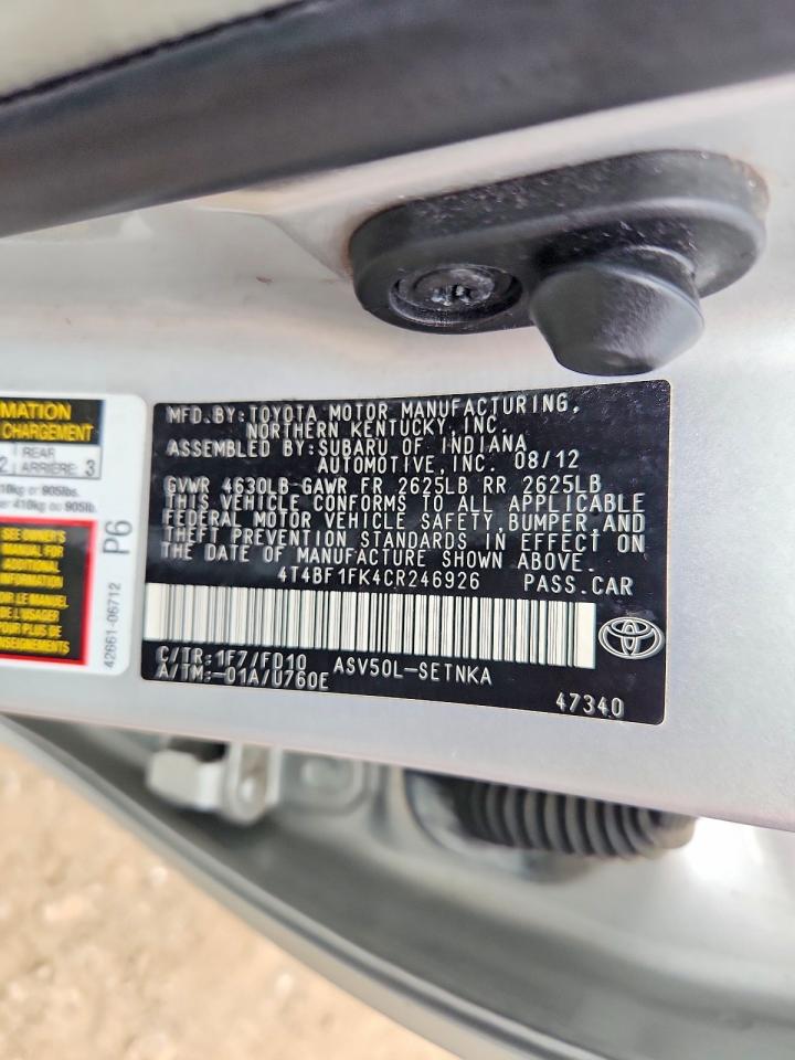 2012 Toyota Camry Le Silver vin: 4T4BF1FK4CR246926