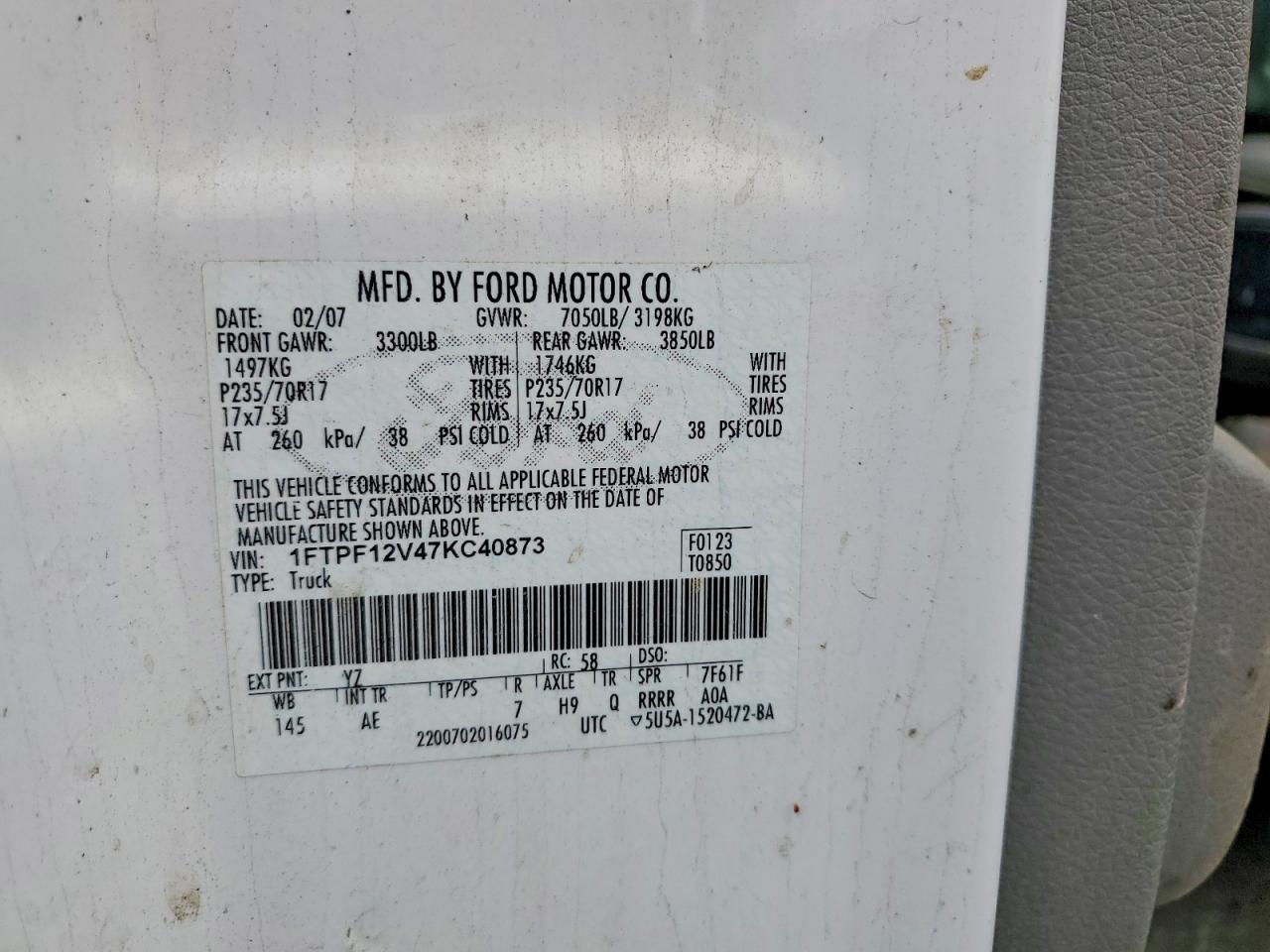 2007 Ford F150 White vin: 1FTPF12V47KC40873