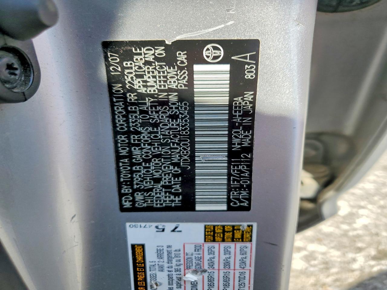 2008 Toyota Prius Base Silver vin: JTDKB20U183353455
