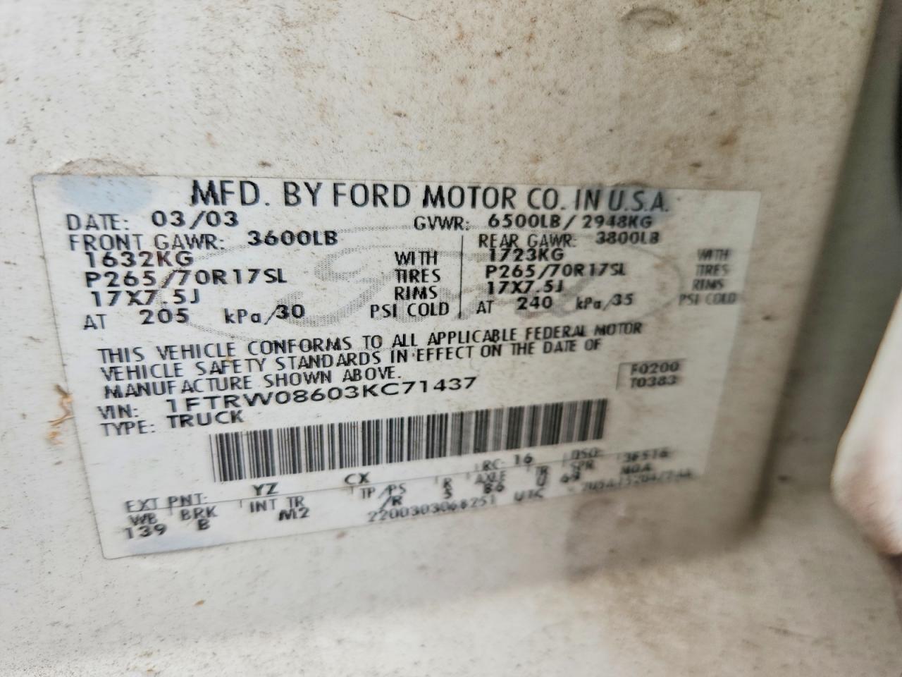 2003 Ford F150 Supercrew White vin: 1FTRW08603KC71437