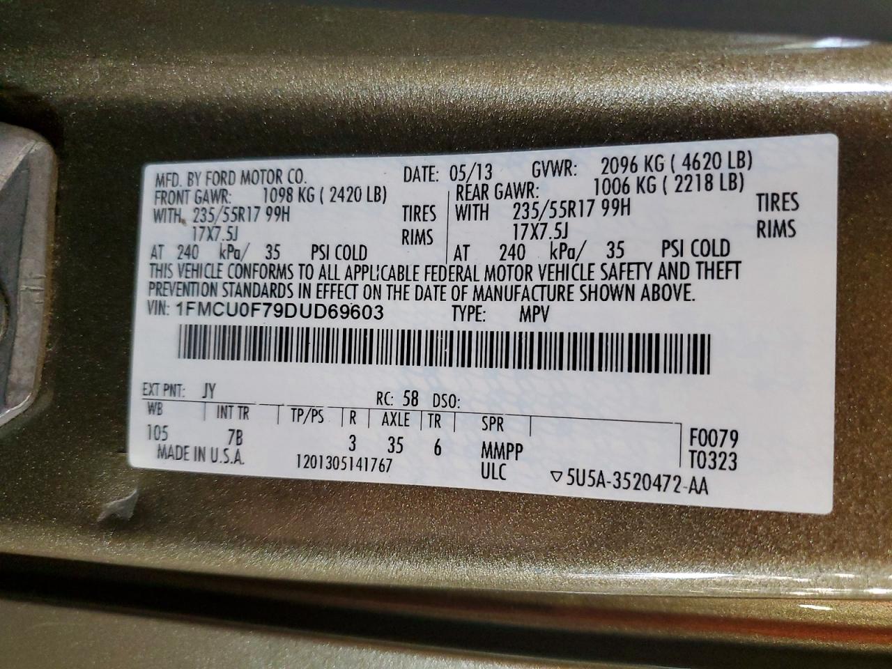 2013 Ford Escape S Green vin: 1FMCU0F79DUD69603