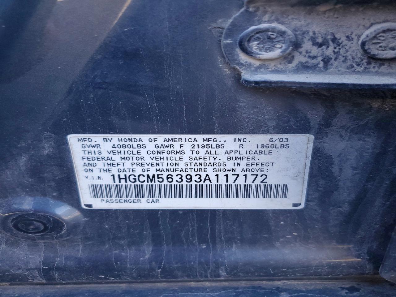 2003 Honda Accord Lx Gray vin: 1HGCM56393A117172