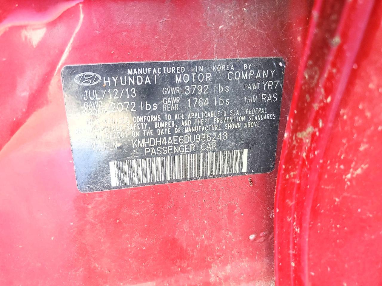 2013 Hyundai Elantra Gls Red vin: KMHDH4AE6DU936243