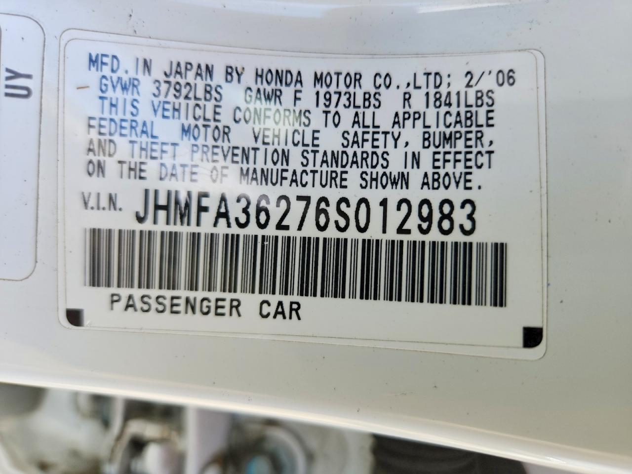 2006 Honda Civic Hybrid Белый vin: JHMFA36276S012983