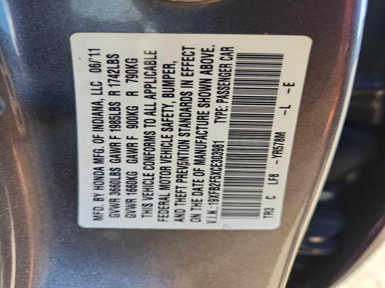 2012 Honda Civic Lx Tan vin: 19XFB2F5XCE303981