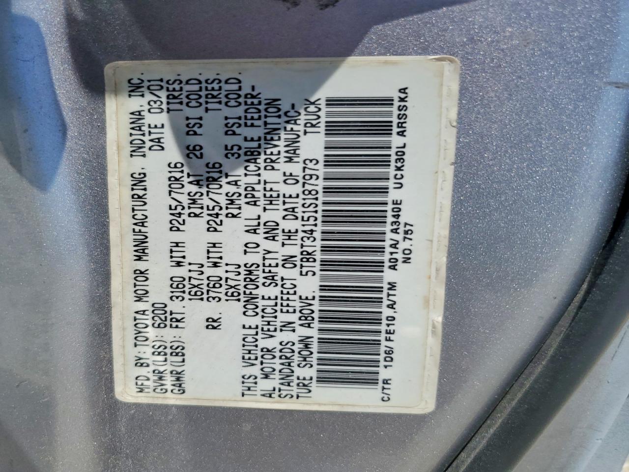 2001 Toyota Tundra Sr5 Silver vin: 5TBRT34151S187973