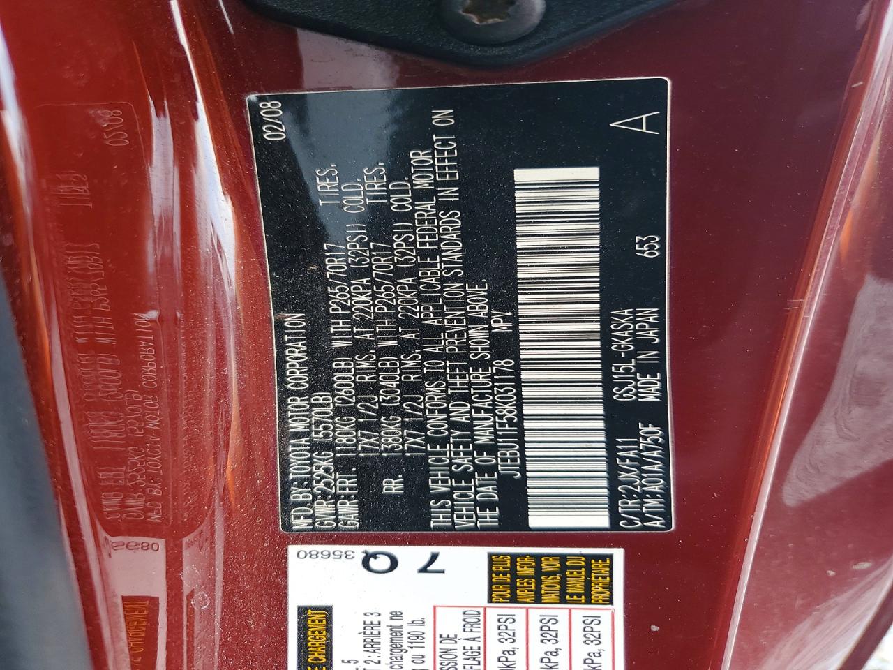 2008 Toyota Fj Cruiser Base Burgundy vin: JTEBU11F58K031178