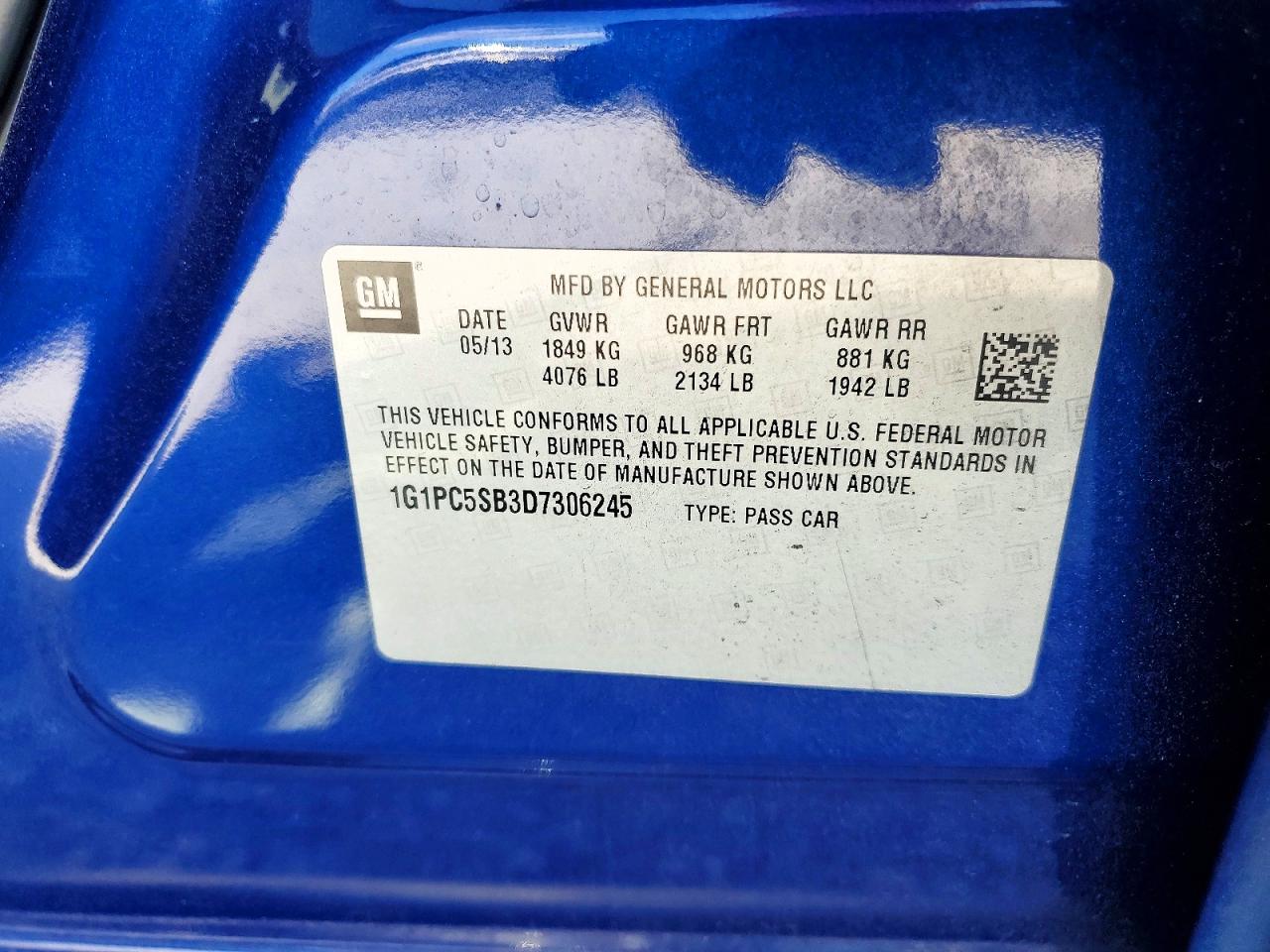 2013 Chevrolet Cruze Lt Blue vin: 1G1PC5SB3D7306245