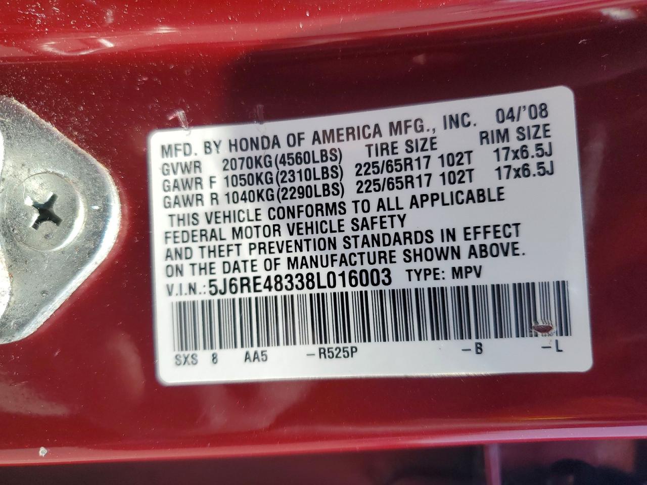 2008 Honda Cr-v Lx Red vin: 5J6RE48338L016003