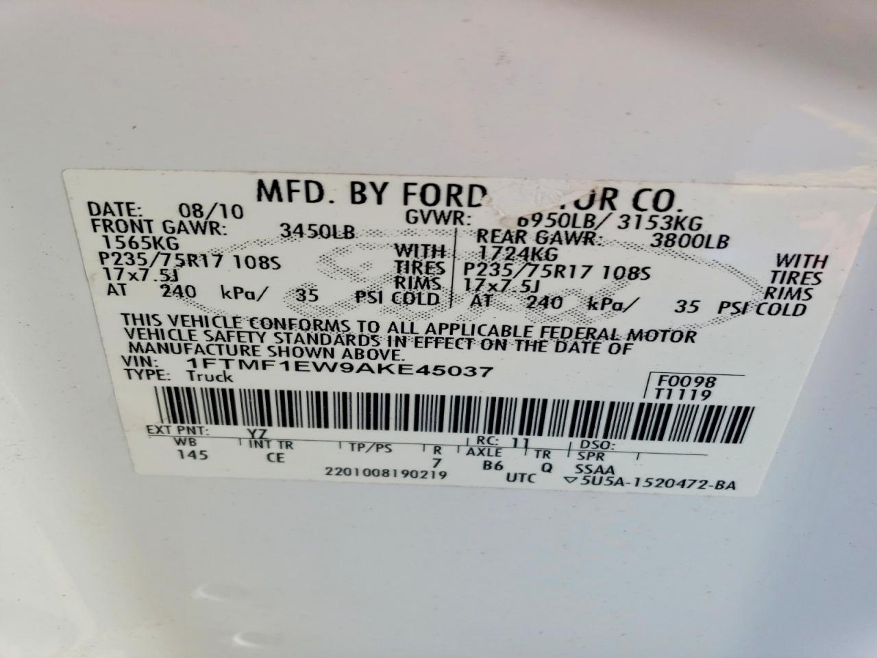 2010 Ford F150 Белый vin: 1FTMF1EW9AKE45037