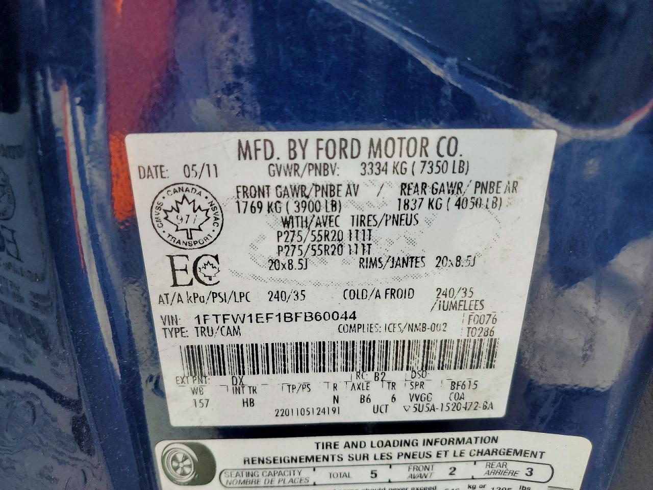 2011 Ford F150 Supercrew Blue vin: 1FTFW1EF1BFB60044