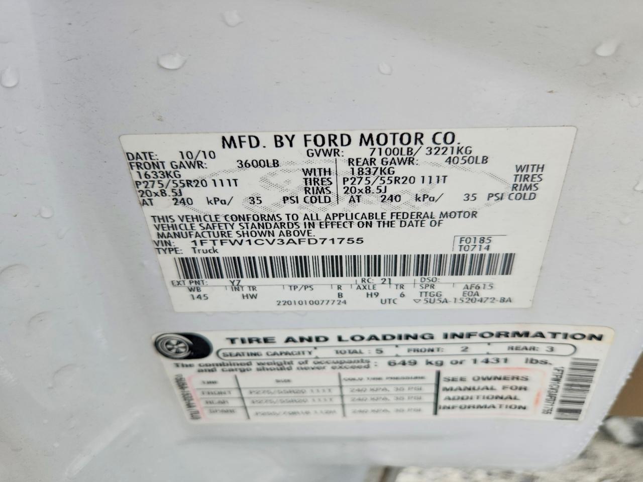 2010 Ford F150 Supercrew White vin: 1FTFW1CV3AFD71755