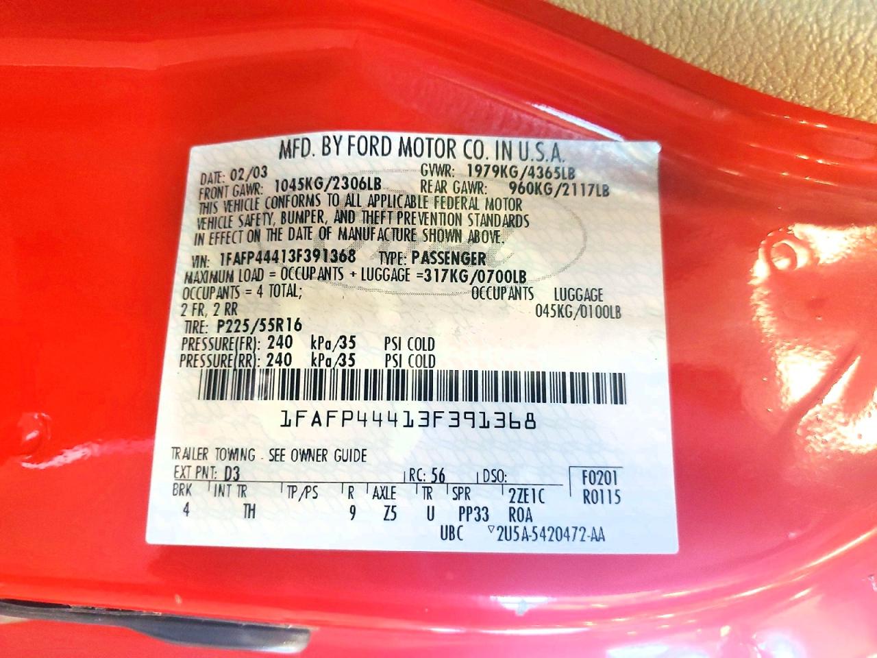 2003 Ford Mustang Red vin: 1FAFP44413F391368