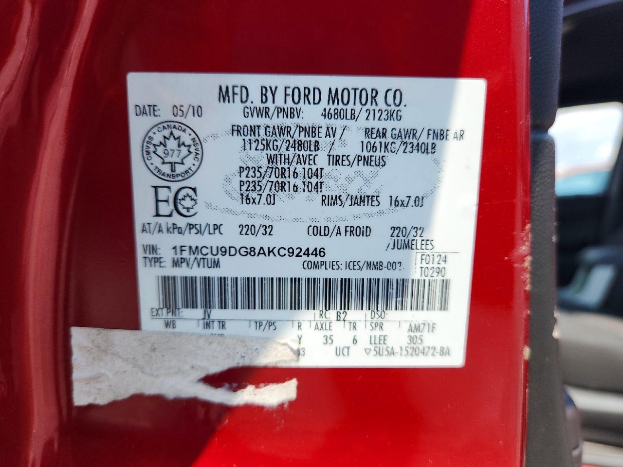 2010 Ford Escape Xlt Red vin: 1FMCU9DG8AKC92446