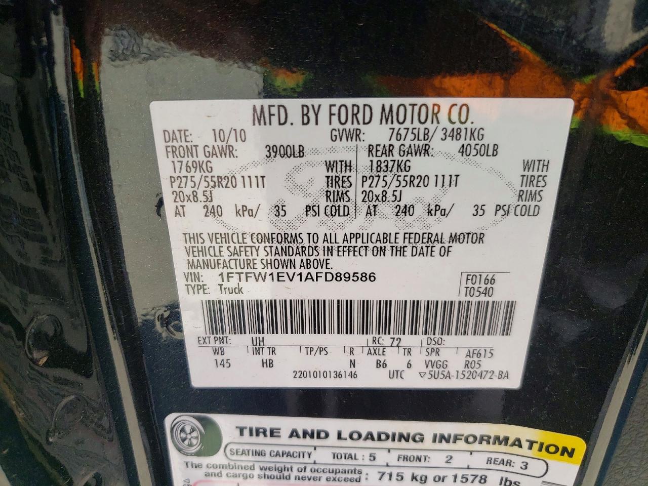 2010 Ford F150 Supercrew Black vin: 1FTFW1EV1AFD89586