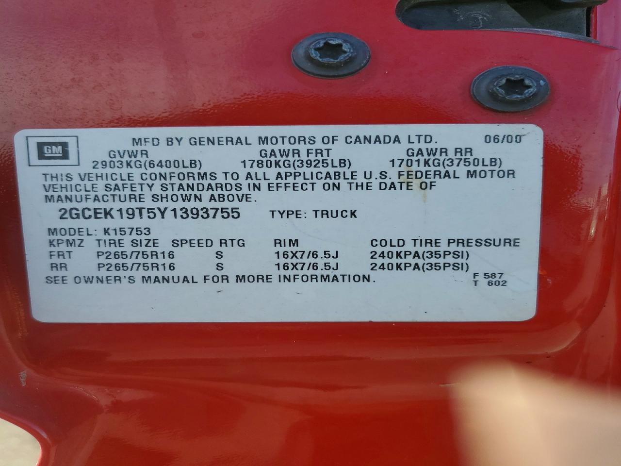2000 Chevrolet Silverado K1500 Red vin: 2GCEK19T5Y1393755