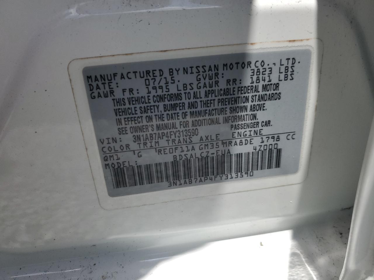 2015 Nissan Sentra S White vin: 3N1AB7AP4FY313590