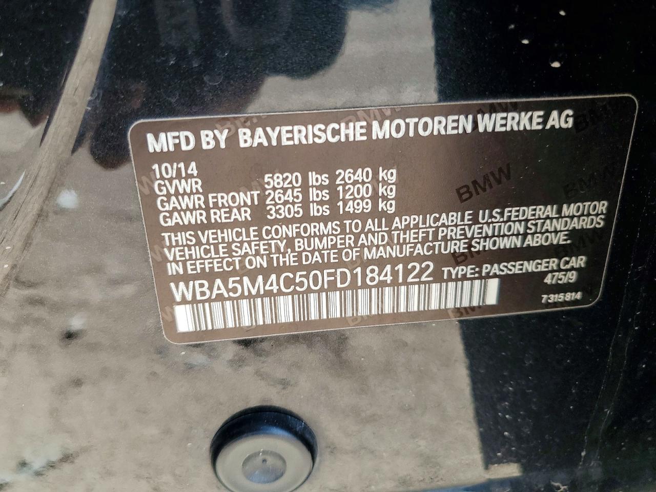 2015 Bmw 535 Xigt Black vin: WBA5M4C50FD184122