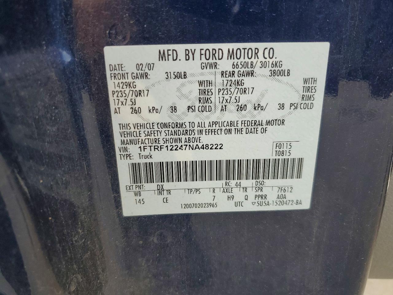 2007 Ford F150 Blue vin: 1FTRF12247NA48222