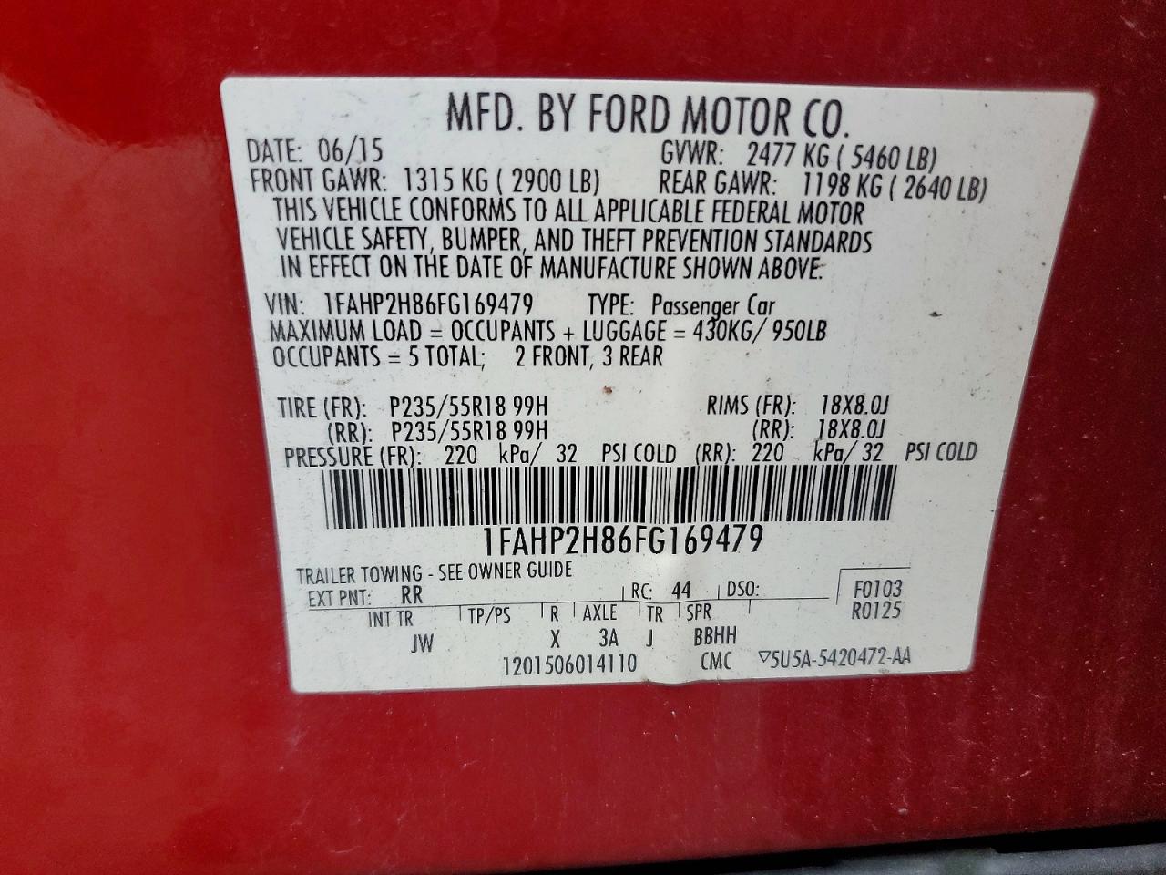 2015 Ford Taurus Sel Red vin: 1FAHP2H86FG169479