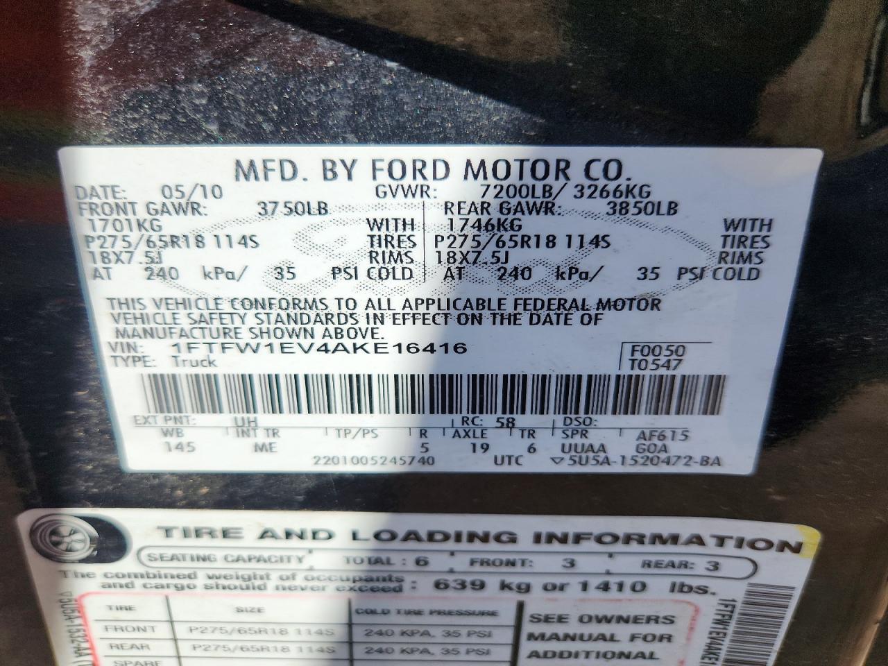 2010 Ford F150 Supercrew Black vin: 1FTFW1EV4AKE16416